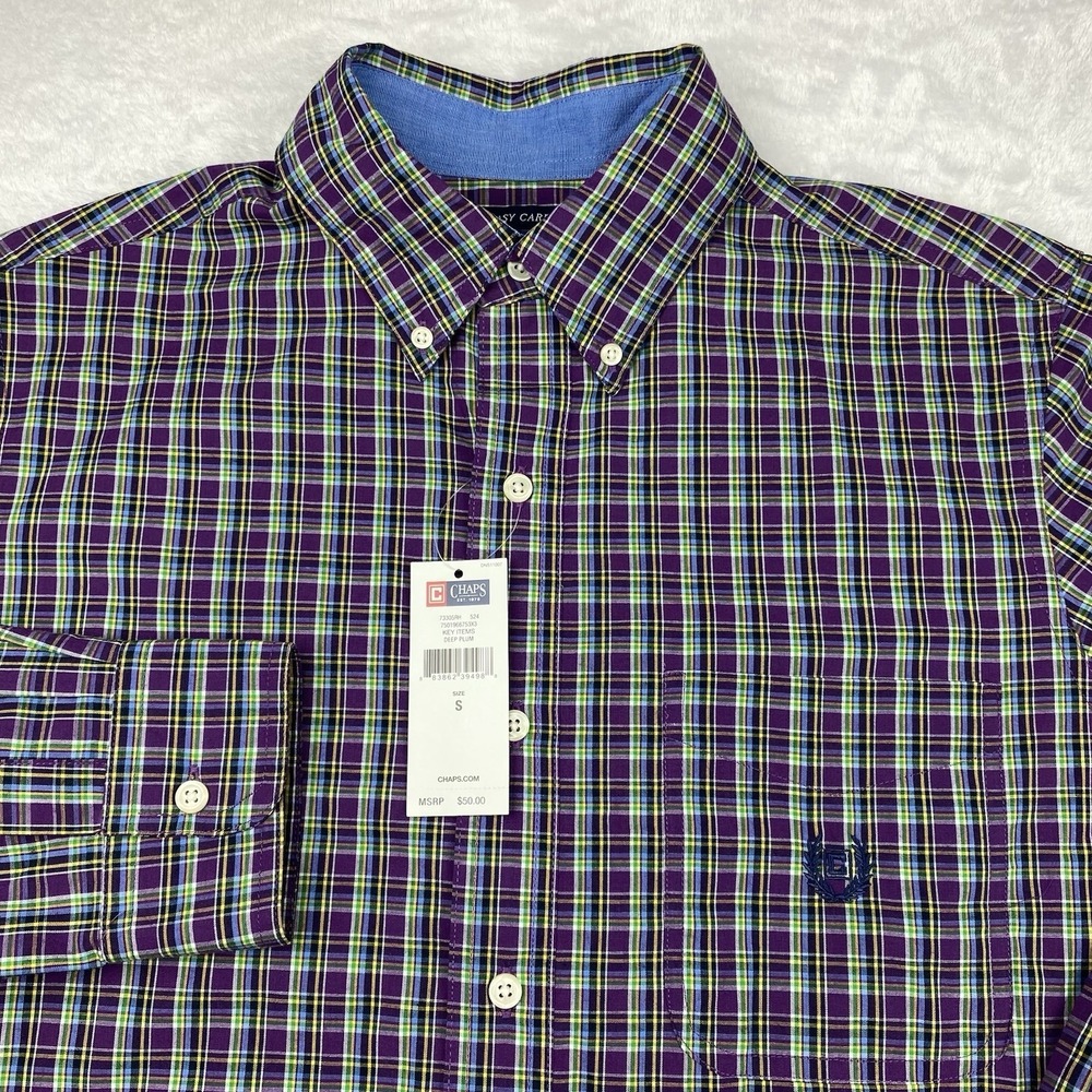 CHAPS Mens Shirt Small Deep‎ Plum Plaid Easy Care New w/Tags!